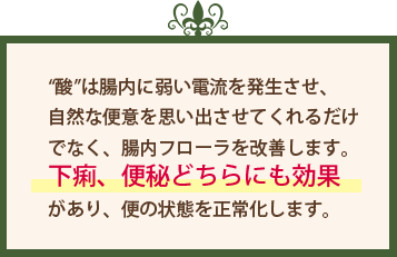 “酸”は腸内に弱い電流を発生させ、自然な便意を思い出させてくれるだけでなく、腸内フローラを改善します。下痢、便秘どちらにも効果があり、便の状態を正常化します。